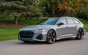 Серебристый автомобиль Audi RS 6 Avant, 2021 года вид спереди