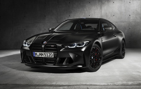 Black car BMW M4, 2020 on a gray background