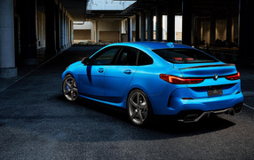 Синий автомобиль BMW 2 Series, 2020 года вид сзади