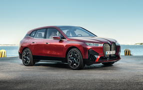 Бордовый автомобиль BMW IX 2021 года у воды