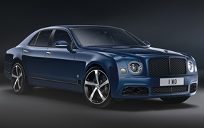 Blue expensive car Bentley Mulsanne, 2020 on a gray background