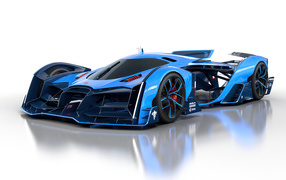 Blue 2021 Bugatti Vision Le Mans sports car against a white background
