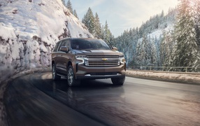 Внедорожник Chevrolet Suburban на фоне заснеженного леса, 2021 года