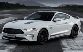 Белый автомобиль Ford Mustang GT Black Shadow 2019 года на дороге