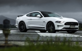 Белый Ford Mustang GT Black Shadow 2019 года на фоне грозового неба