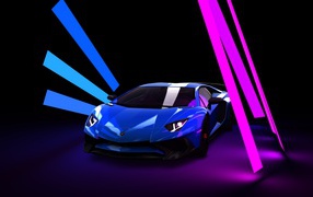Голубой автомобиль Lamborghini Aventador на черном фоне