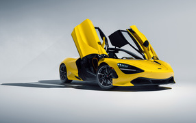Yellow car McLaren 720S CGI with open doors on a gray background