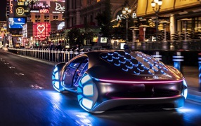 Автомобиль  Mercedes-Benz VISION AVTR, 2020 года с неоновой подсветкой на улице 