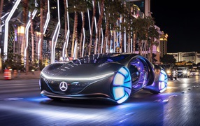 Автомобиль Mercedes-Benz VISION AVTR, 2020 года с неоновыми колесами на улице