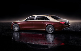 Red car Mercedes-Maybach S 580, 2021 on a black background