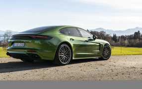 Зеленый автомобиль Porsche Panamera 4S 2021 года вид сзади
