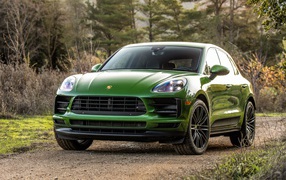 Зеленый внедорожник Porsche Macan S в лесу