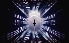 Самолет летит над небоскребами 