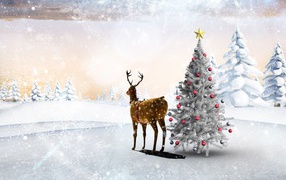 Олень у наряженной ели, шаблон открытки на Рождество