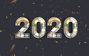 Большие механические цифры 2020 на сером фоне