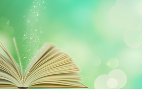 Волшебная открытая книга на голубом фоне