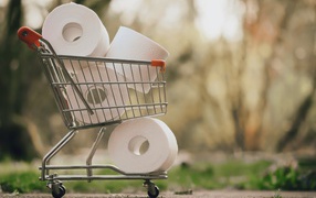 Много рулонов туалетной бумаги в железной тележке 