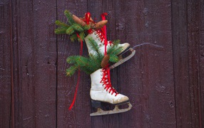 Старые коньки с еловыми ветками на двери 