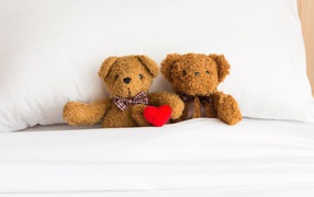 Два медвежонка Тедди лежат на кровати под одеялом 