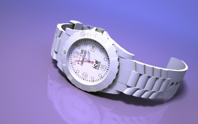 Белые наручные часы на сиреневом фоне