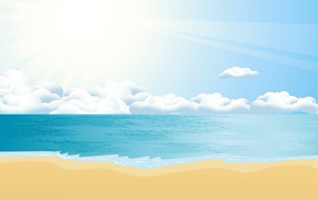 Спокойное нарисованное море с белыми облаками и желтым песком