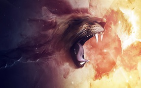 Нарисованный лев зевает на огненном фоне