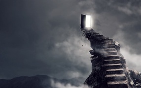 A stone staircase leads to a door in the sky