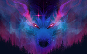 Neon wolf in the clouds above the forest
