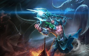 Грозный царь Посейдон в море с трезубцем