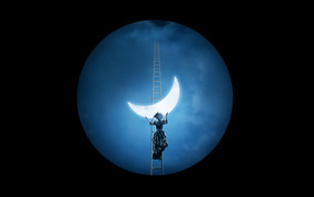 The girl on the stairs hangs a month against the background of the moon
