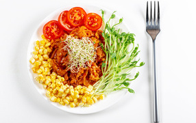 Appetizing diet food on a white plate with a fork