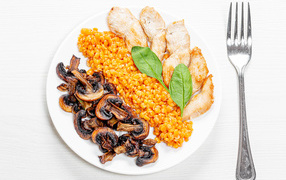 Champignons on a plate with lentils and chicken