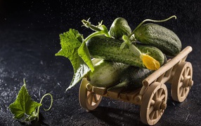 Cucumbers on a toy cart on a black table