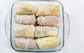 Delicious cabbage rolls in a glass bowl on the table