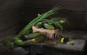 Свежие огурцы на столе  с зеленым луком и укропом