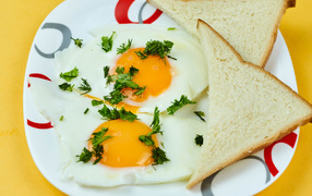 Fried eggs with herbs on a plate with bread
