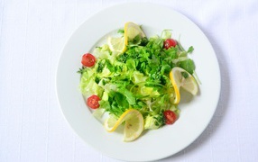 Greens salad with lemon on a white plate