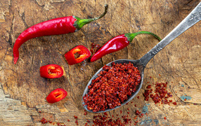 Ground red pepper on a spoon on the table