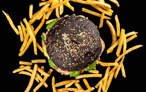 Hamburger on black background with fries