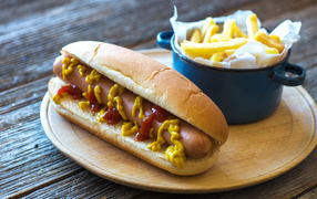 Hot dog with mustard and ketchup on the table with fries