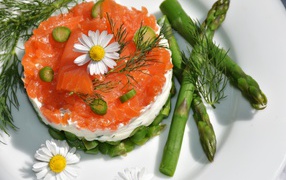 Салат с красной рыбой на тарелке со спаржей, укропом и цветами ромашки