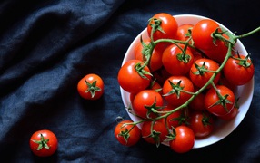 Red tomatoes in a white bowl on a black background
