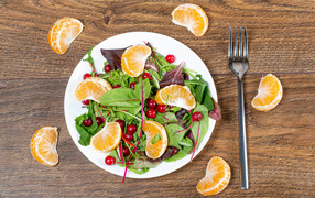 Salad of greens and mandarin on a white plate on a table with a fork