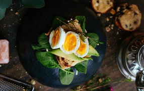 Sandwich with avocado, basil and eggs