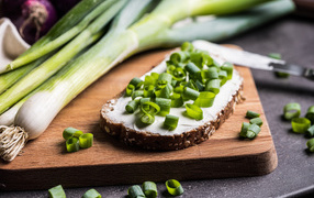 Бутерброд с маслом и зеленым луком на столе 