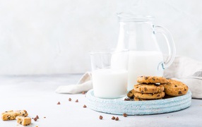 Shortbread cookies with chocolate on a table with milk