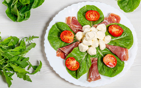 Sliced ham on a plate with cheese, tomatoes and lettuce