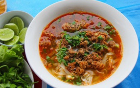 Острый суп с лапшой и мясом в тарелке с зеленью