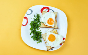 Тосты с яичницей на тарелке с зеленью петрушки 