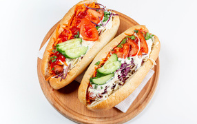 Two vegetarian hot dogs on a white background